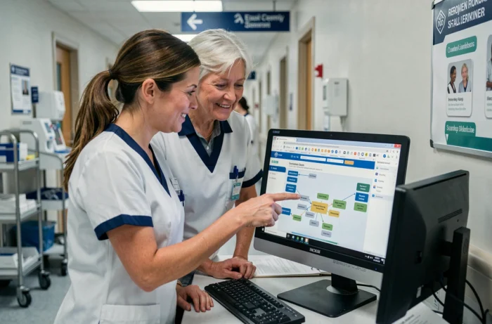 Deux infirmières consultant ensemble le sitemap de Convergence Infirmière au poste de soins