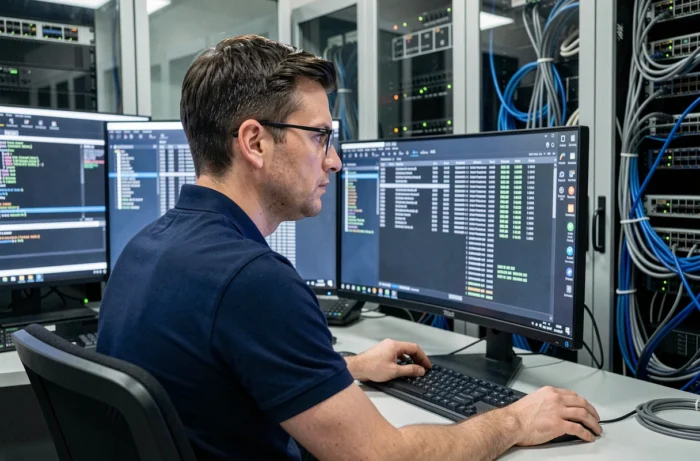 Ingénieur réseau configurant les paramètres DNS et les ports TCP sur des écrans de serveurs dans une salle informatique moderne
