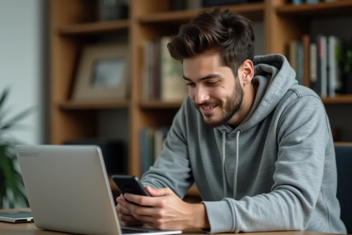 Homme installant une application Android sur son smartphone depuis un bureau à domicile