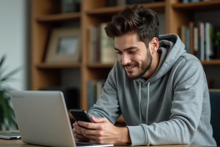 Homme installant une application Android sur son smartphone depuis un bureau à domicile