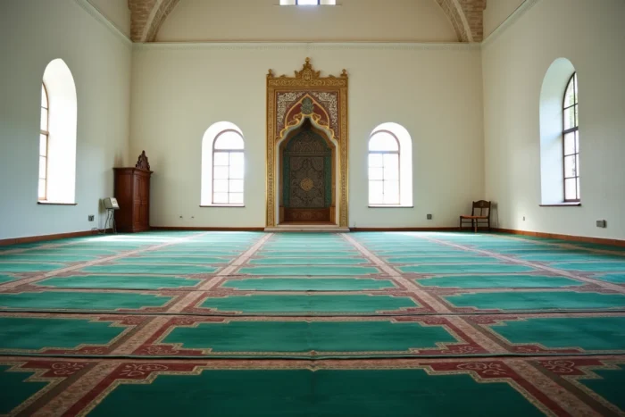 Intérieur d'une salle de prière d'une mosquée à Montpellier avec tapis géométriques et mihrab décoré