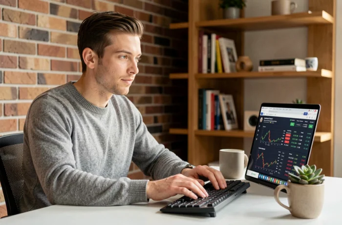 Jeune investisseur particulier consultant une plateforme de trading en ligne depuis son bureau à domicile