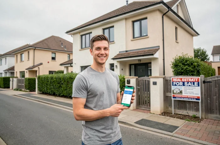 Jeune homme devant une maison neuve consultant une simulation de prêt immobilier sur son téléphone