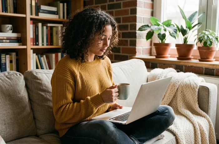 Jeune femme lisant les actualités sur son ordinateur portable dans un salon chaleureux et cosy