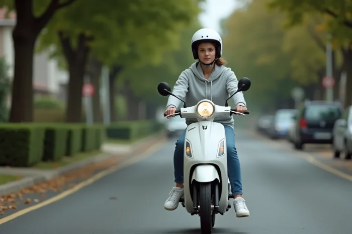 Jeune femme roulant sur un scooter 50cc blanc en zone périurbaine, kilométrage et durée de vie d'une moto 50cc