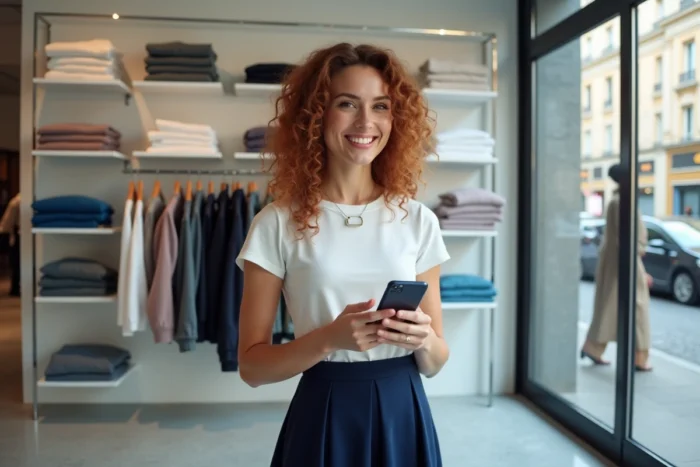 Jeune femme consultant les offres en ligne de Johanna Paris sur son smartphone dans une boutique moderne