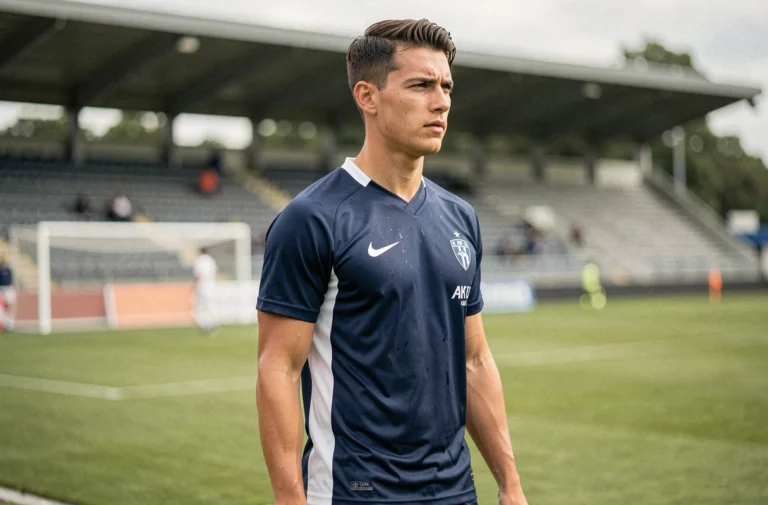 Portrait d'un jeune footballeur professionnel en tenue d'entraînement sur un terrain de football, évoquant le parcours sportif de Matthis Abline