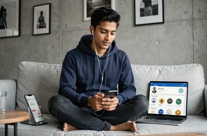 Jeune homme apprenant des compétences professionnelles via une application mobile de formation en ligne