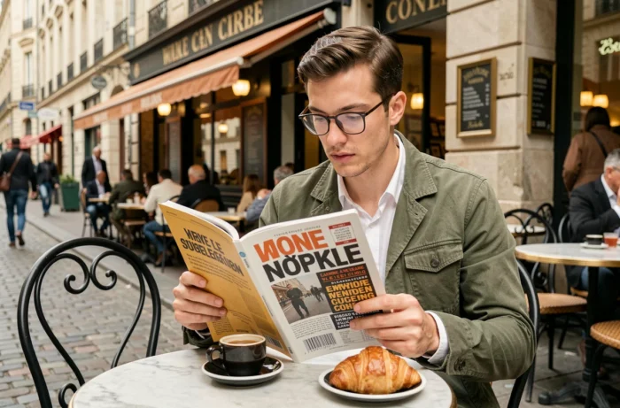 Jeune homme lisant un magazine d'actualités en terrasse de café à Lyon