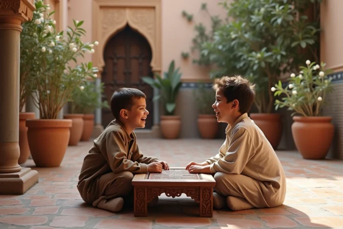 Deux jeunes garçons arabes jouant dans une cour de riad marocain, représentant la culture et les prénoms de garçon arabes rares