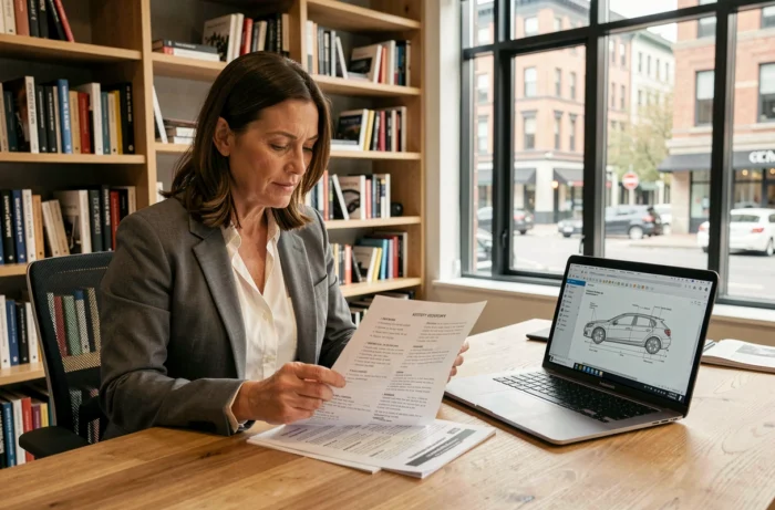 Journaliste automobile consultant un glossaire de jargon technique dans un bureau éditorial moderne