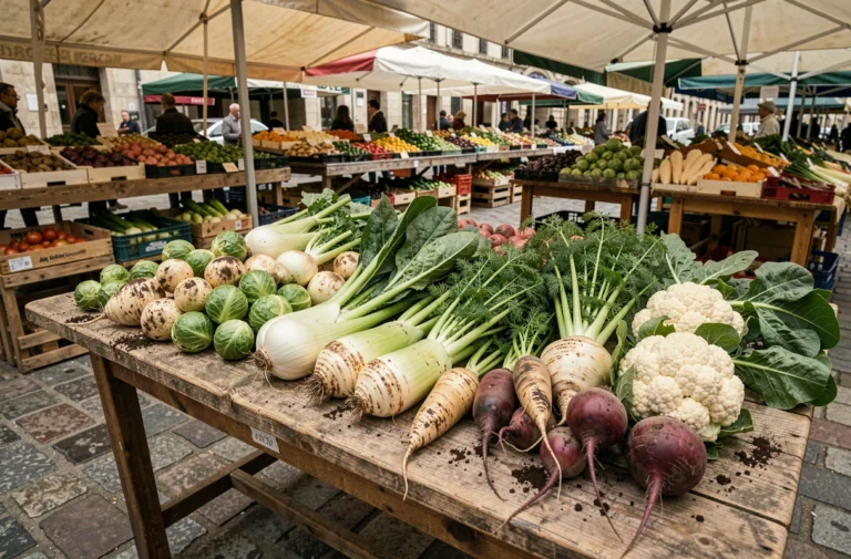 Assortiment de légumes impopulaires en France disposés sur une table de marché rustique en bois