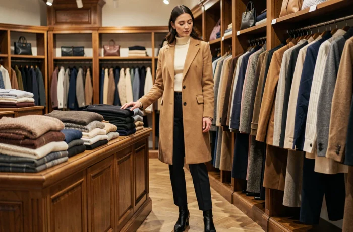 Femme élégante en manteau camel dans une boutique parisienne, illustrant les tendances mode de la saison