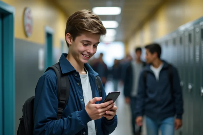 Lycéen consultant son espace Eduservices sur smartphone dans un couloir d'établissement scolaire