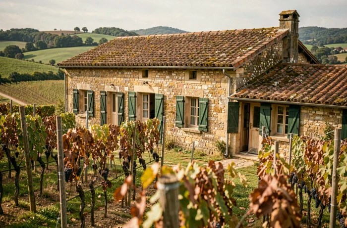 Maison de campagne bourguignonne en pierre avec des vignobles environnants, typique de la région de Bourgogne