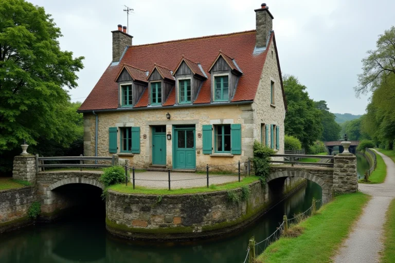Maison éclusière en pierre de granit avec volets verts au bord d'un canal en Morbihan, Bretagne