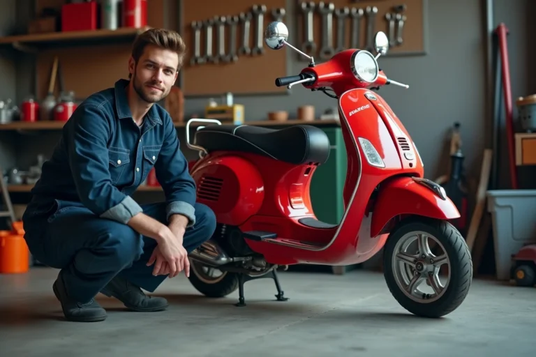 Mécanicien inspectant un scooter 50cc rouge dans un garage, conseils entretien moto 50cc pour prolonger sa durée de vie