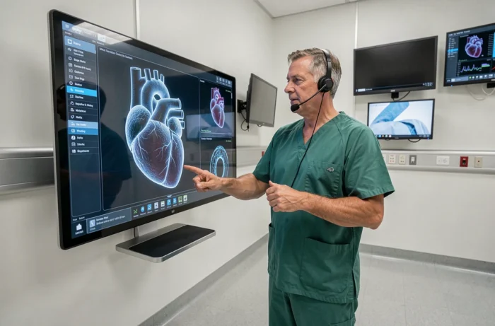 Médecin interagissant avec une interface holographique 3D du cœur humain dans une salle de consultation hospitalière high-tech