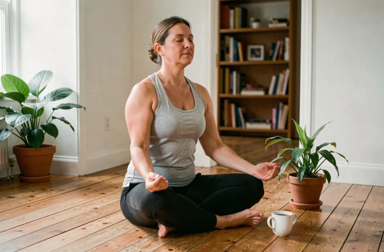 Femme pratiquant la méditation chez elle pour améliorer son bien-être quotidien