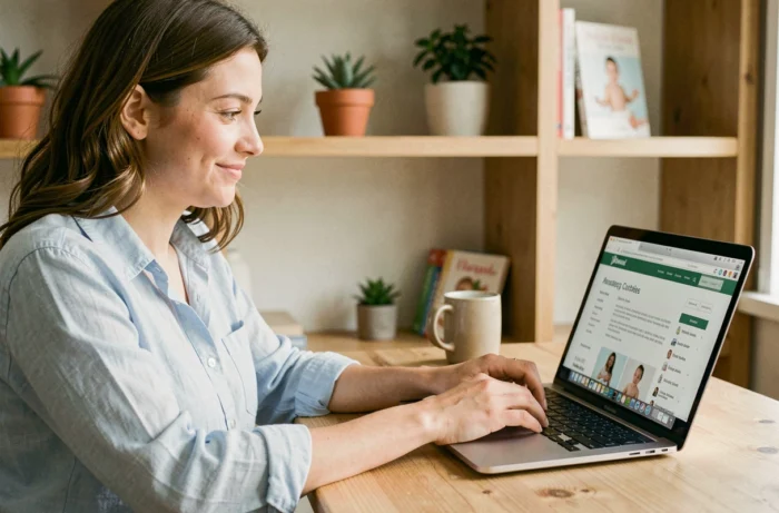 Jeune mère naviguant sur le plan du site Carnet de Bébé depuis un ordinateur portable dans un bureau à domicile chaleureux