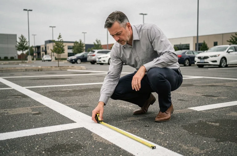Professionnel mesurant la largeur d'une place de parking avec un mètre ruban jaune sur un parking extérieur en asphalte