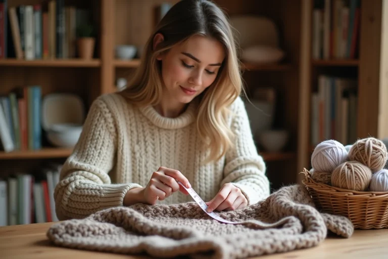 Femme mesurant la largeur d'une écharpe en tricot avec un mètre ruban sur une table en bois rustique