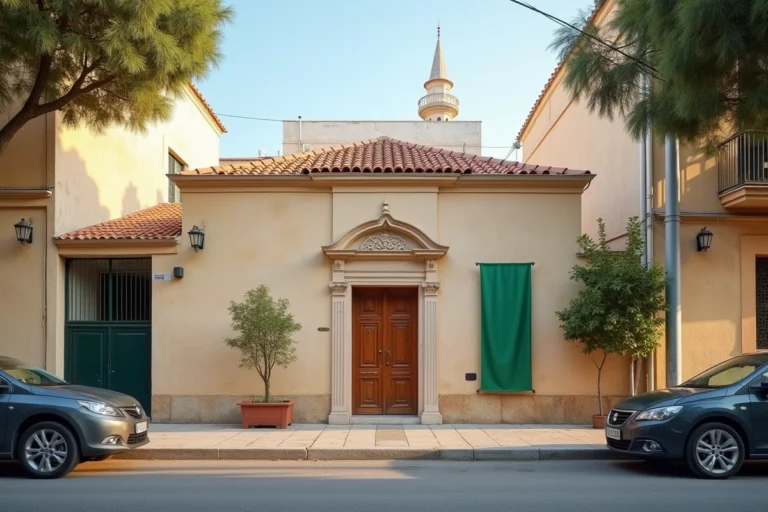 Façade d'une mosquée de quartier à Montpellier avec minaret et porte en bois sculptée dans une rue résidentielle
