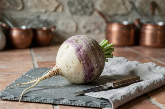Raw turnip with cream and purple hues placed on a gray slate in a rustic French kitchen