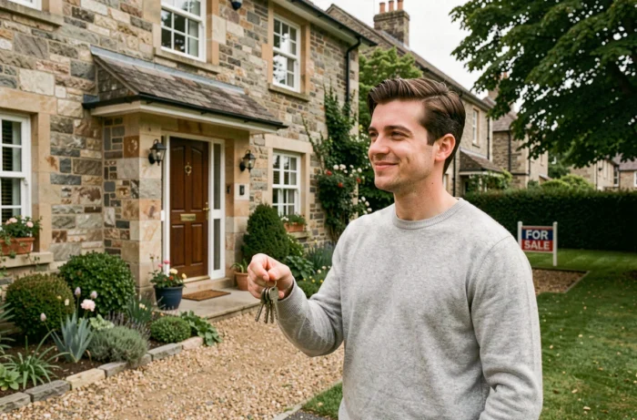 Jeune propriétaire tenant les clés de sa nouvelle maison financée par un crédit immobilier