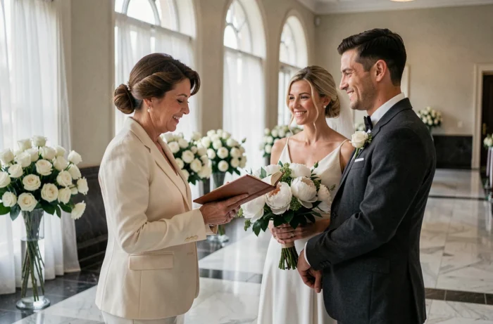 Officiant de mariage lisant un texte de cérémonie devant les mariés dans une salle élégante aux fenêtres arquées