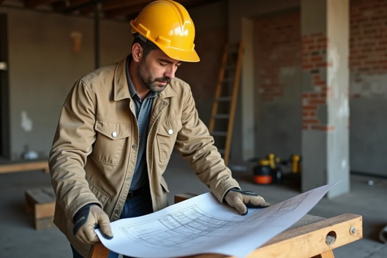 Ouvrier du bâtiment examinant des plans architecturaux dans une pièce en cours de rénovation avec murs en briques apparentes