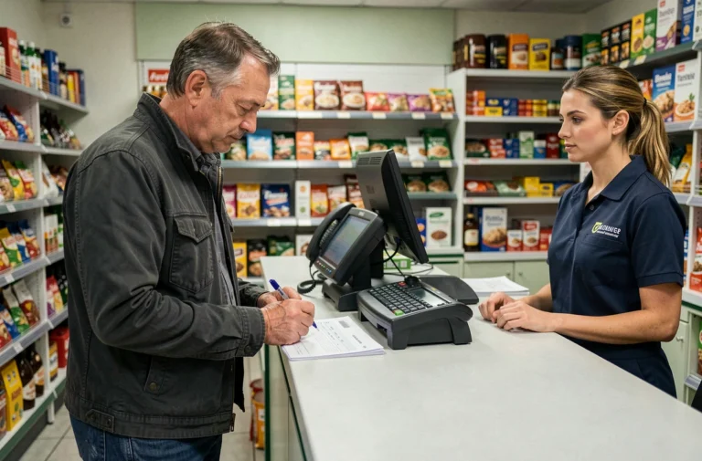 Client effectuant un paiement par chèque à la caisse d'une station essence en France