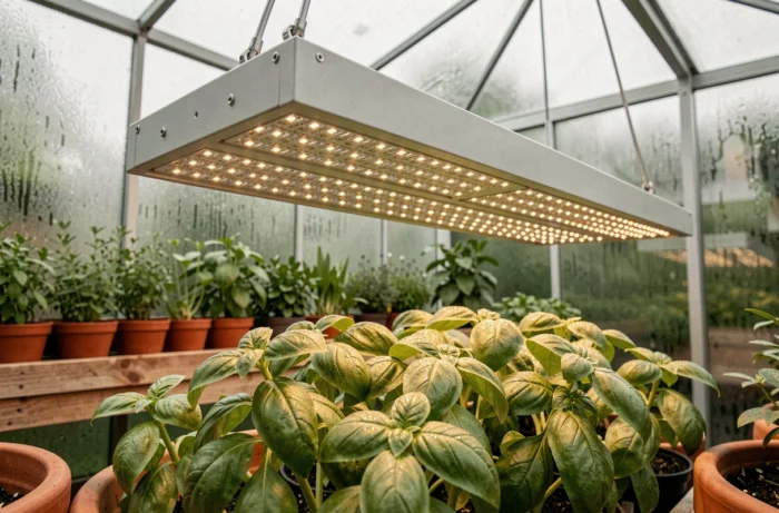 Panneau LED horticole modulaire suspendu au-dessus de plants de basilic et de tomates cerises dans une serre moderne