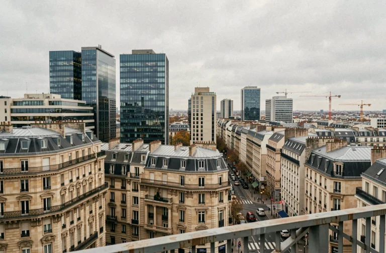 Panorama urbain mêlant architecture haussmannienne, tours modernes et immeubles en béton illustrant la diversité des formes d'urbanisation contemporaines