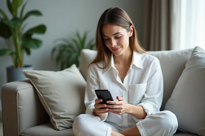 Femme consultant les paramètres de sécurité Android sur son smartphone dans un salon