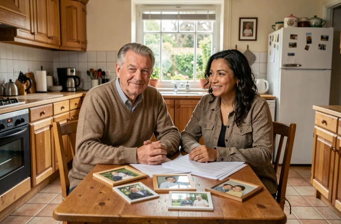 Couple of parents with mixed cultural origins sitting around family photos, symbolizing the heritage and nationality of a French footballer's parents