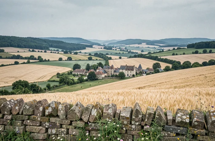 Panorama de la campagne bourguignonne avec villages en pierre, champs et forêts en arrière-plan