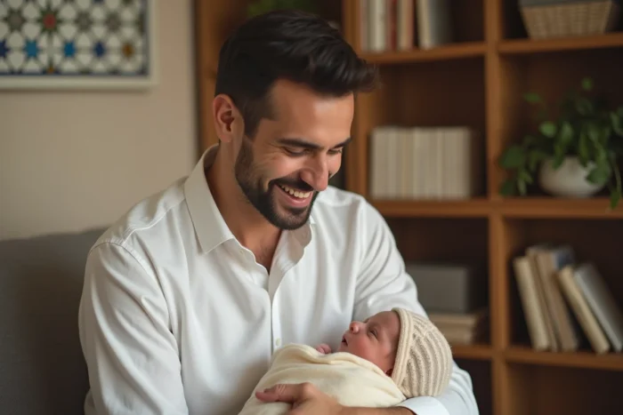 Père arabe tenant tendrement son nouveau-né dans un salon décoré de motifs arabisants, illustrant les prénoms de garçon arabes rares