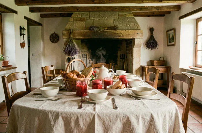 Table de petit-déjeuner dans une maison d'hôtes française avec croissants, café et décoration provençale authentique
