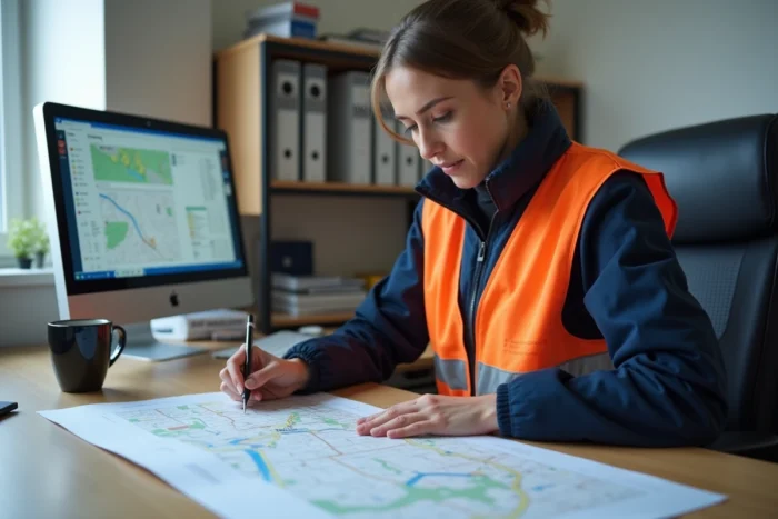 Employée municipale planifiant le calendrier de balayage des rues dans un bureau de mairie avec une carte imprimée