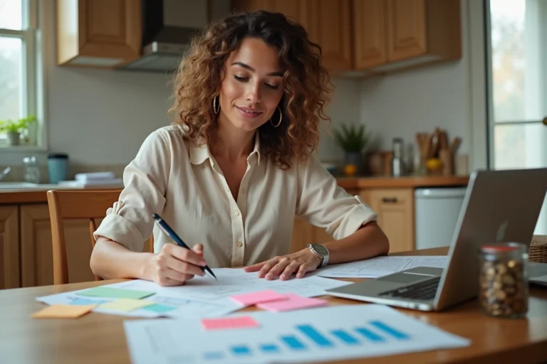 Femme planifiant le budget d'une fête avec des notes manuscrites et un ordinateur portable sur une table en bois