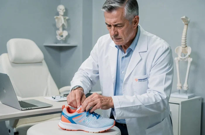 Podologue examinant une semelle Akusoli insérée dans une chaussure de sport lors d'une consultation médicale