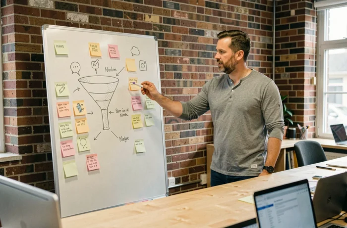 Homme présentant une stratégie marketing en entonnoir sur tableau blanc dans une salle de réunion créative