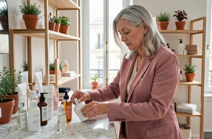 Femme mature organisant ses produits de beauté sur une coiffeuse en marbre dans un appartement parisien