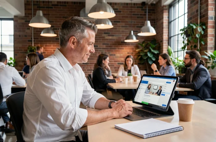 Professionnel en formation continue sur tablette dans un espace de co-working moderne