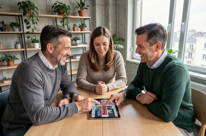 Groupe de professionnels français discutant des tendances de l'actualité autour d'une tablette