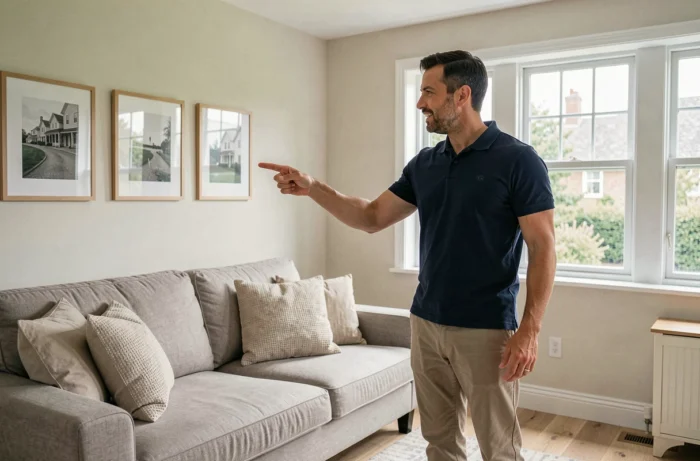 Propriétaire présentant son salon à un locataire potentiel pour la location de sa résidence principale