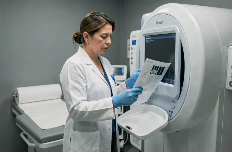 Radiologue féminine en blouse blanche analysant les résultats d'une ostéodensitométrie DXA dans un cabinet médical à Aix-en-Provence