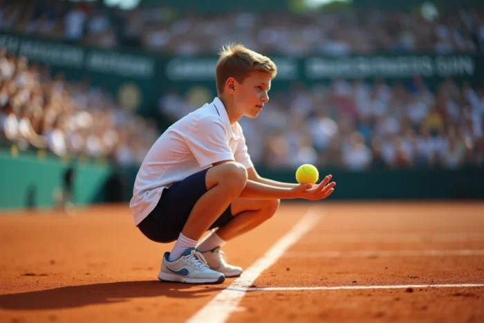 Ramasseur de balle adolescent en action sur un court de tennis en terre battue lors d'un tournoi professionnel