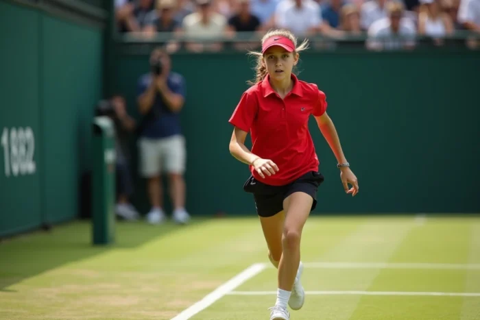 Ramasseuse de balles en pleine course sur gazon lors d'un grand tournoi de tennis international